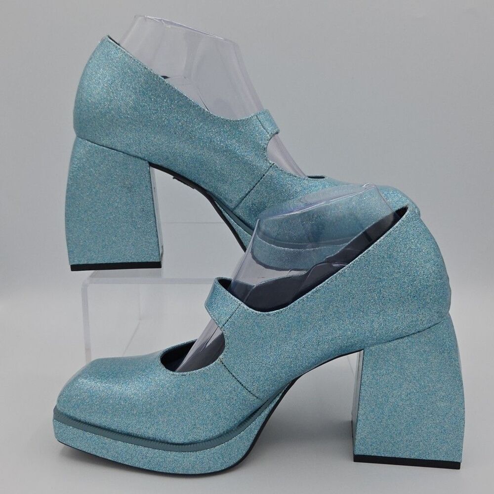 GB 2 Night Green Glitter Mary Jane Platform Pumps Size 9 Block Heel Chunky EUC - Picture 2 of 8